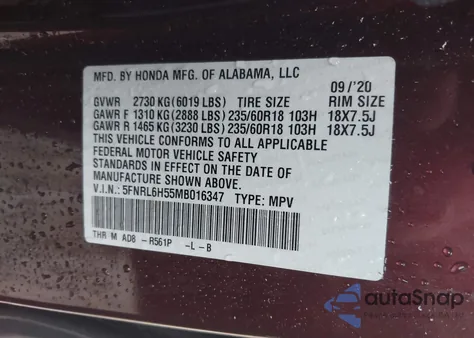 2021 Honda Odyssey Ex z USA, uszkodzony, nr VIN 5FNRL6H55MB016347